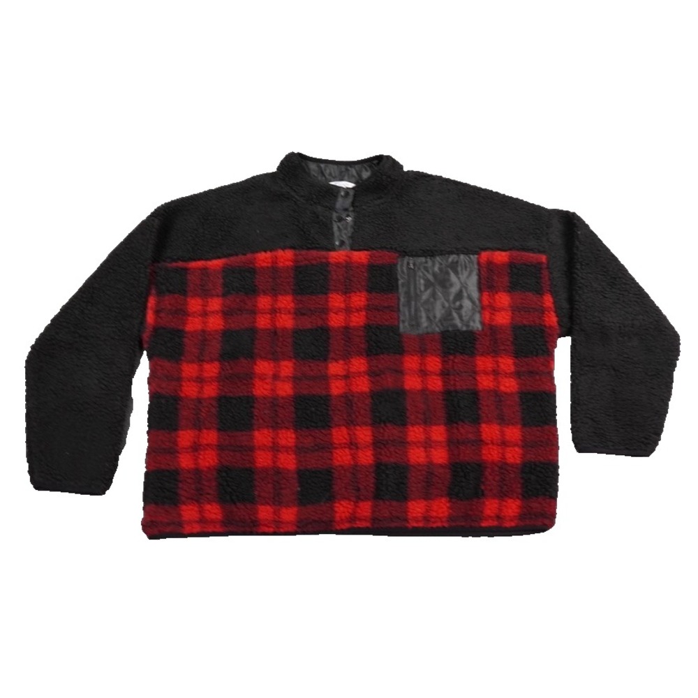 SEVEN7 Sweater Women 2X Red Buffalo Plaid Deep Sherpa‎ Fleece Quarter Snap Cabin
